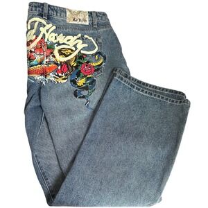 Ed Hardy Baggy Jeans Women 30 Tattoo Dragon Koi Snake Floral Art Wide Leg‎